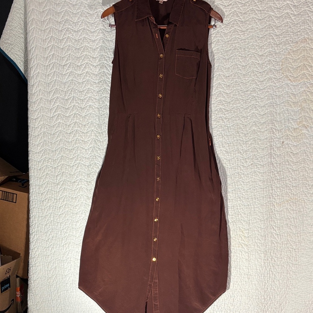 TravelSmith Chocolate Brown Sleeveless Button-Front Midi Shirt Dress 100% Silk